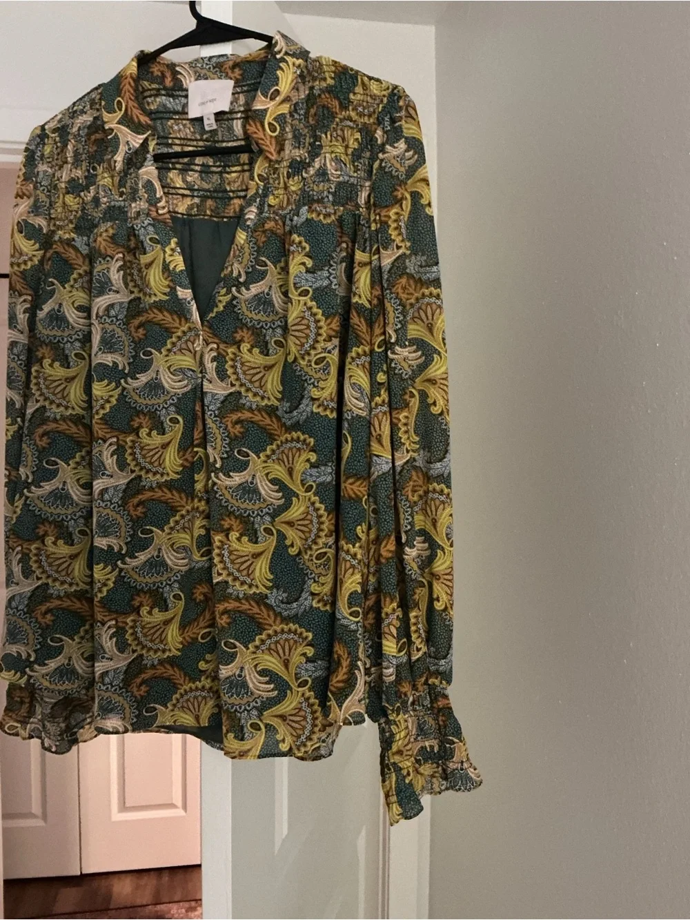 Cinq a Sept Printed Long-Sleeve V-Neck Blouse in Olive & Mustard